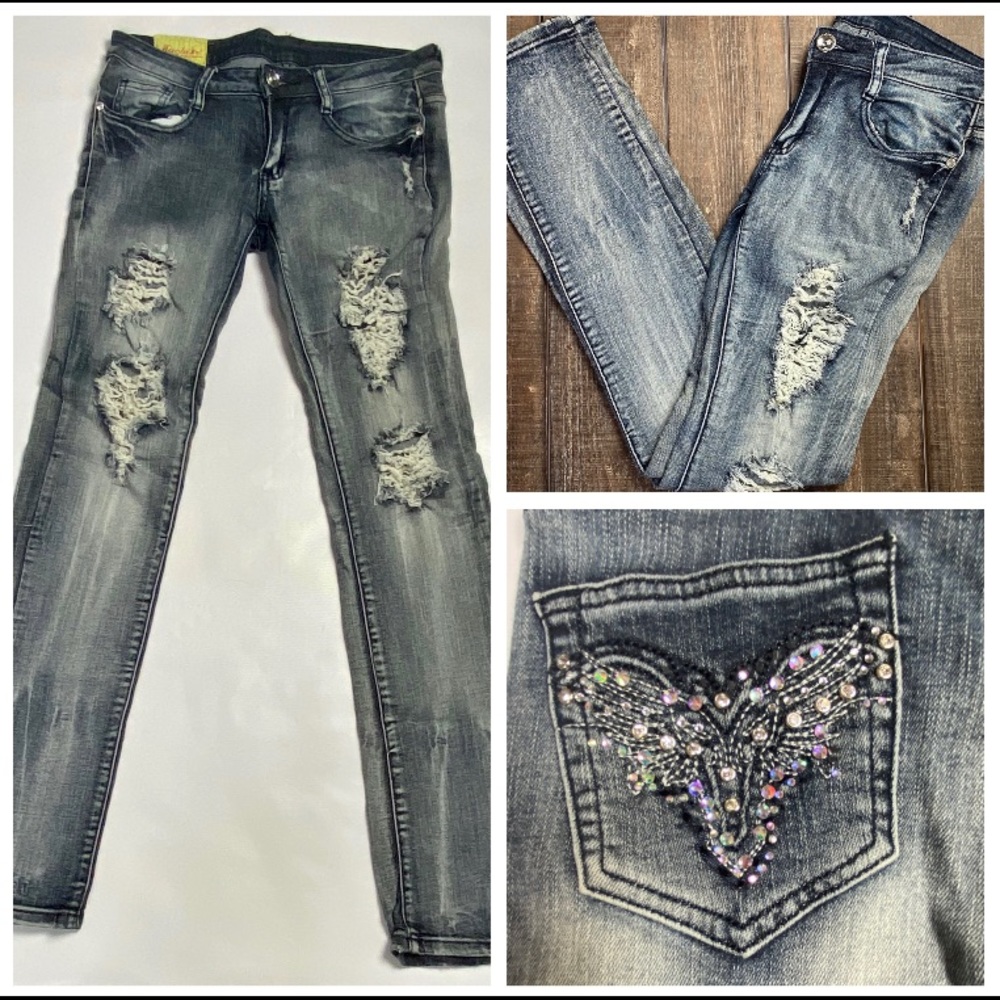 MACHINE Distressed Denim Jeans Rhinestone Pocket